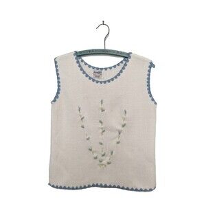 Maineliner 50s White Sweater Vest Blue Embroidered Trim S Acrylic